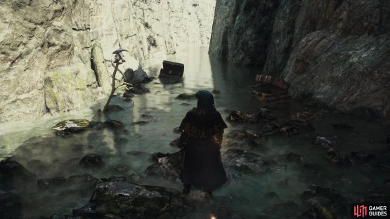 Fight your way through the cave until you reach a mountain stream, where you&rsquo;ll find two chests - the ornate chest houses a Hunter&rsquo;s Bow.