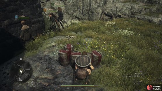 Look for the explosive casks just to the left of the main entrance as you leave Melve.