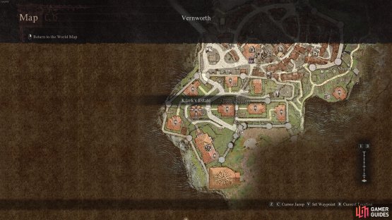 The location of Klark&rsquo;s Estate in the Noble Quarter of Vernworth.