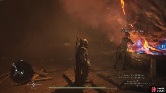 Speak with Sara and guide her outside before the blazehammer cools.