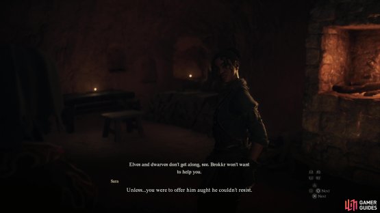 Once you arrive, enter Brokkr&rsquo;s Smith and talk to Sara, who will advise to you secure an elvish dish called &ldquo;nutriabh&rdquo;.
