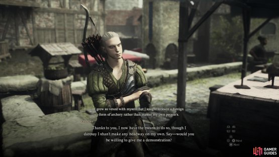 After Glyndwr has his new bow he&rsquo;ll ask you to show him how to use it,