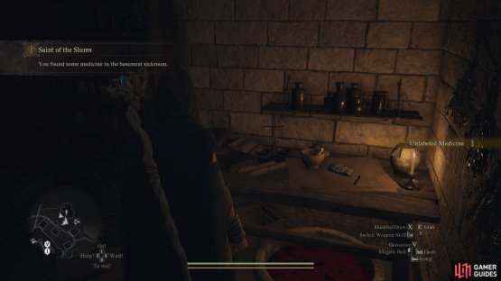 Players can find the Unlabeled Medicine on a countertop in the basement of the Gracious Hand.