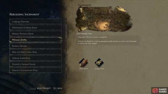 You can get an anvil by upgrading Filmore&rsquo;s blacksmith using resources.