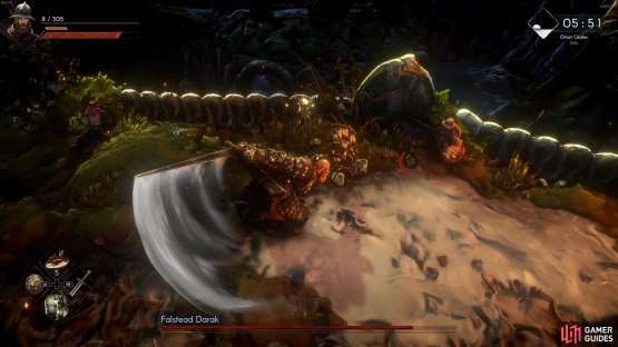Darak&rsquo;s default attacks involve repeated swings of his sword in an arc in front of him.