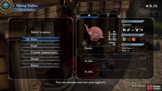 The racer&rsquo;s screen shows its stats, as well as how many times you can feed/race them.