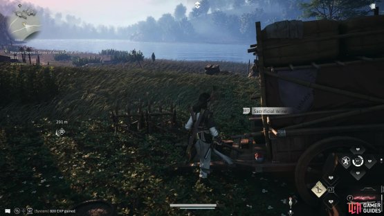 The other wine location for A Toast For Heroes is via a caravan site near the river on the other side of the fort. Image via Gamer Guides / NetEase.