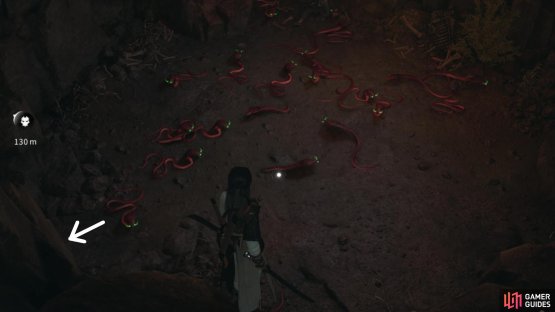 When you head into the cave, be mindful of the snakes and dodge the best you can while heading through the small tunnel. Image via Gamer Guides / NetEase.