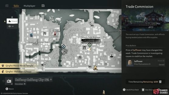 Players who are engaging with the merchent features in Kaifeng can rent a house, store materials, and then trade them to the weekly merchant found here for Commerce Coins. Image via Gamer Guides / NetEase.