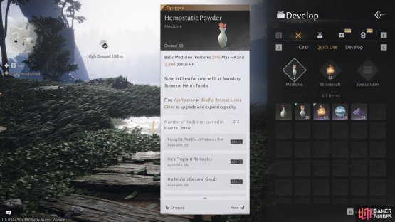 Check your inventory and the quick use tab to check on your stockpile of medicines. Image via Gamer Guides / NetEase.