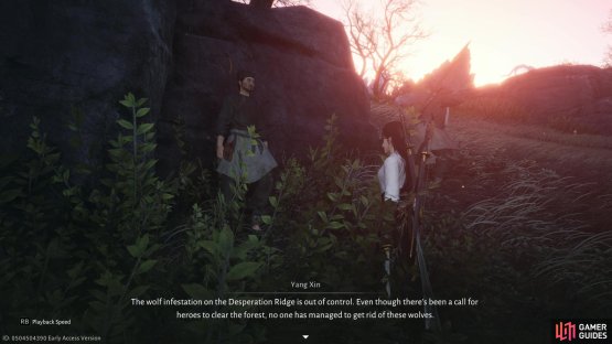 Speak to the NPCs near the boundary stone to track to Night mode and then work you way up the hill, fighting off the wolves. Image via Gamer Guides / NetEase.