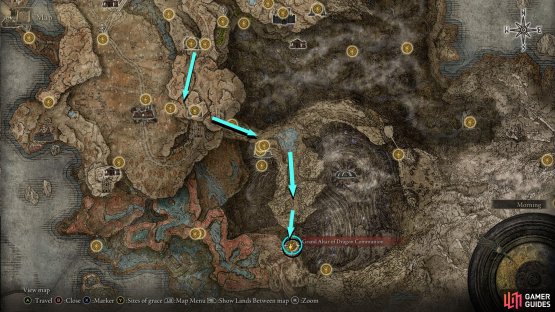 Follow the route marked above to find the Dragon Communion. This involves going through the Dragon&rsquo;s Pit dungeon.