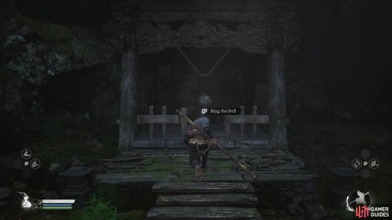 and interact with the bell behind him.