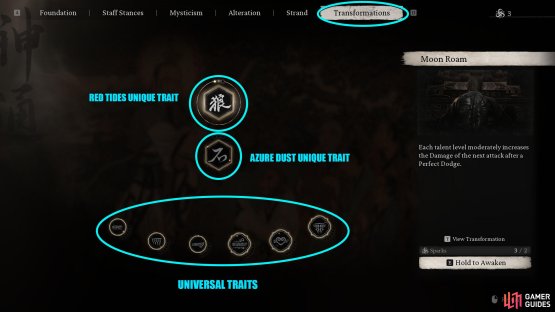 Here, you&rsquo;ll find where you can upgrade all your various Transformation traits.