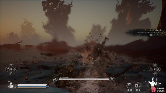 The Stone Monkey will leap toward you and slam the ground, dealing AoE damage around the impact.