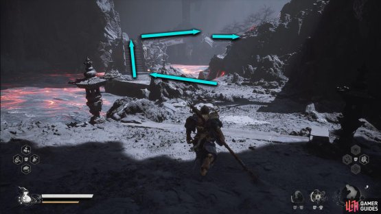 From the Shrine, follow the path across the bridges ahead.