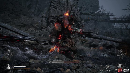 Deal enough damage to the Pale-Axe Stalwart to be able to talk to him.