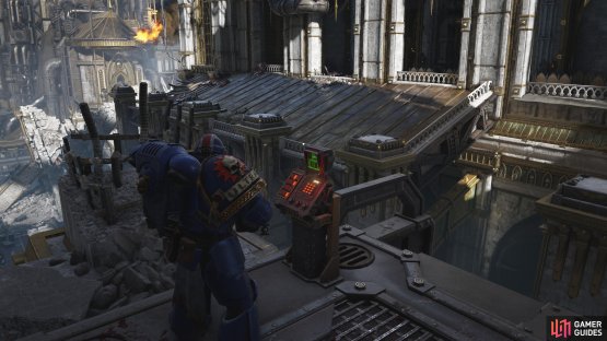 Activate some bridge controls to start the first of several holdout sections in this mission - note the green glow of the Dataslate on the roof in the distance.