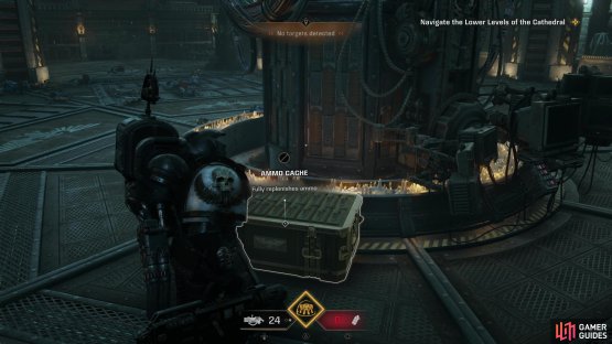 After taking a lift down to the bottom of the cathedral, standing in front of an Ammo Cache,