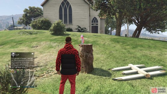 to find the action figure sitting on a tree stump. 