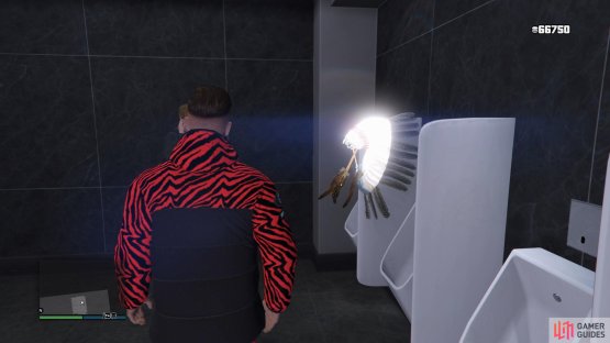 to find the prop sitting in a restroom. 