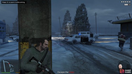 Use the pillars as cover from the police as you take down the first wave