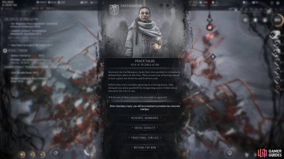 You&rsquo;ll need to select one topic and two options from the topic to pass before the faction will agree to peace.