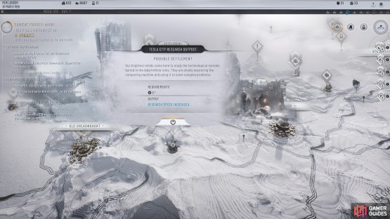 Finding settlements such as this one in the Frostland can increase the Research Speed.