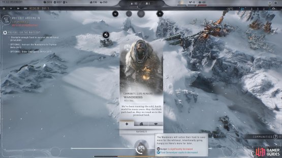 Select &ldquo;Tighten Belts&rdquo; to have the Wanderers ration their food to save it for the whiteout.