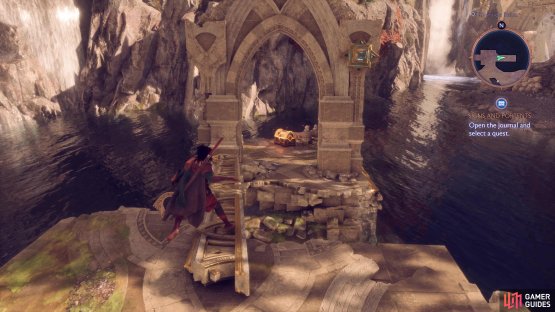 find the power crystal amongst the crates to the west to drop the barrier to the east where the chest is.