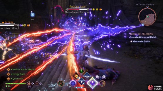 After destroying a few Venatori crystals you&rsquo;ll be attacked by some Flamechained Darkspawn - focus on the Flamechained Berserker to break your enemies,