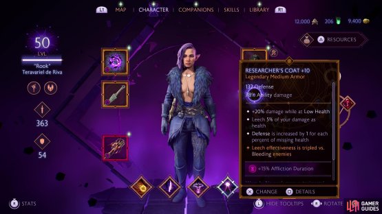 The Researcher&rsquo;s Coat leeches damage, but you need to get the Maw of the Black City and enchant it to inflict Bleeding on Ability Criticals to get the most of out it.