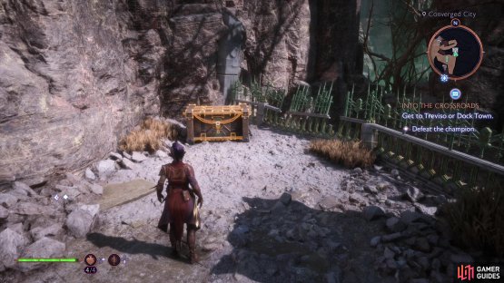 The first chest in the Converged City can be found north of a beacon, which itself is just southeast of the central hub area.