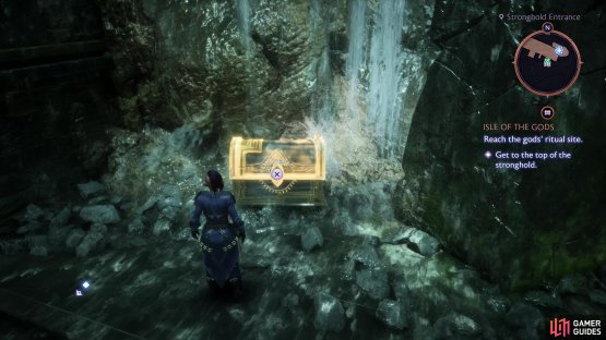 and loot a chest near a waterfall.