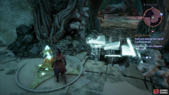 Drag a power crystal back to near the lab&rsquo;s exit door and place it in a receptacle to create a bridge.