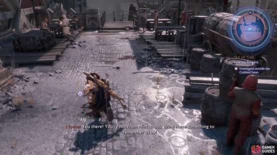 Interact with the points of interest outside The Cobble Swan 