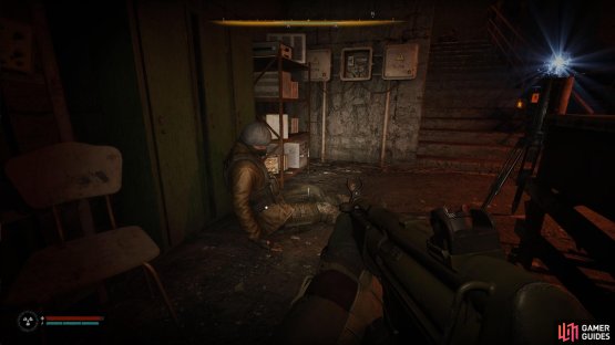 Make sure you loot the corpse behind the desk along the way for a blueprint.