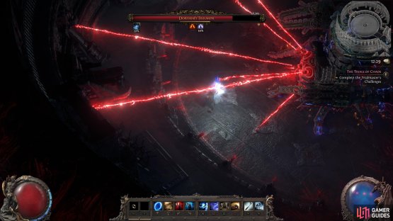 A red wave will indicate that lasers will appear from his back. Get to the front and roll around clockwise to avoid it.