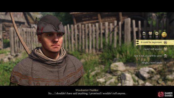 Pass a Speech check when talking to Woodcutter Dushko to get some critical information about Pavlena,