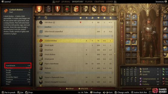 Your hunger level is measured by your Nourishment stat - many consumables replenish varying amounts of Nourishment when consumed.