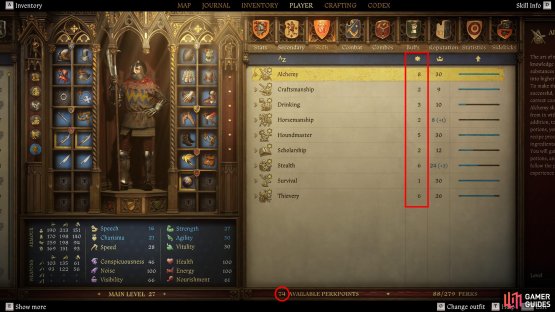 Perk points are shared between skills, but the number of perk points you can spend in a stat or skill tree is restricted by that stat or skill&rsquo;s level.