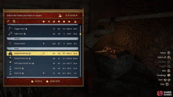 Different merchants repair different types of gear - blacksmiths will take care of your arms and armor, tailors will tend to your clothes, etc.