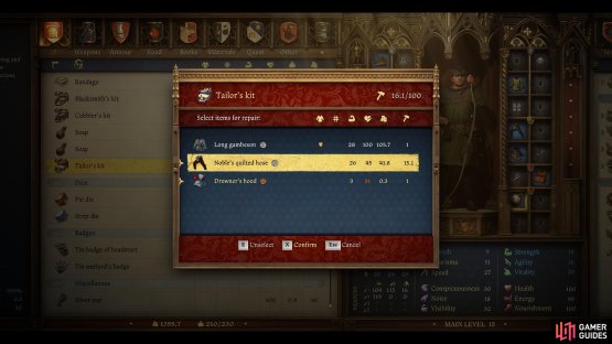 Repair kits restore durability to certain types of gear - buy a Cobbler&rsquo;s Kit and a Marksman&rsquo;s Kit to tend to your shoes and bows and the rest of your gear can be fixed up by paying a blacksmith.