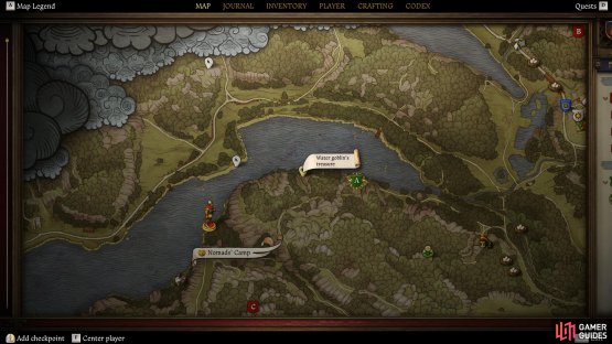 Head to the marked location on the southern shore of Rocktower Pond, between the Nomad Camp and Bozhena&rsquo;s hut.