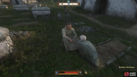 Where you can find Brother Morticius just outside the temple.