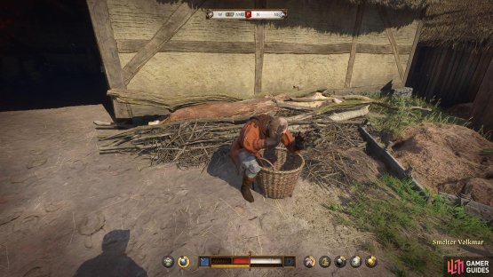 Speak to the cowering Volkmar by the water tub.