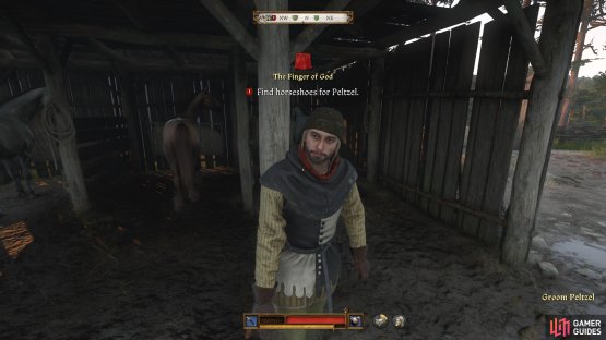 Speak to Pelzel at the stables and agree to help him with the horseshoes.