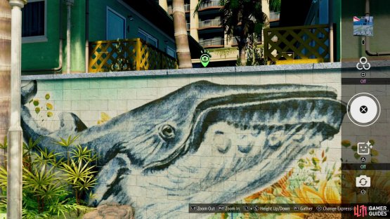 Right next to the stand is a mural of a whale on the wall.