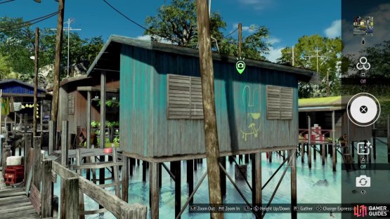 Check the back of the bluish-green building in the water for a photo of the bunny graffiti.
