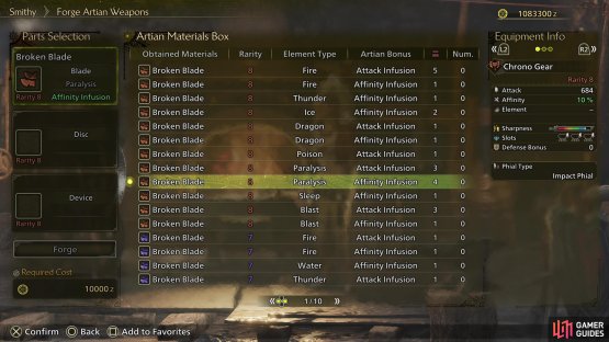 Weapons Shards, when identified, will turn into one of four types of material, which have varying elemental, attack and affinity bonuses.